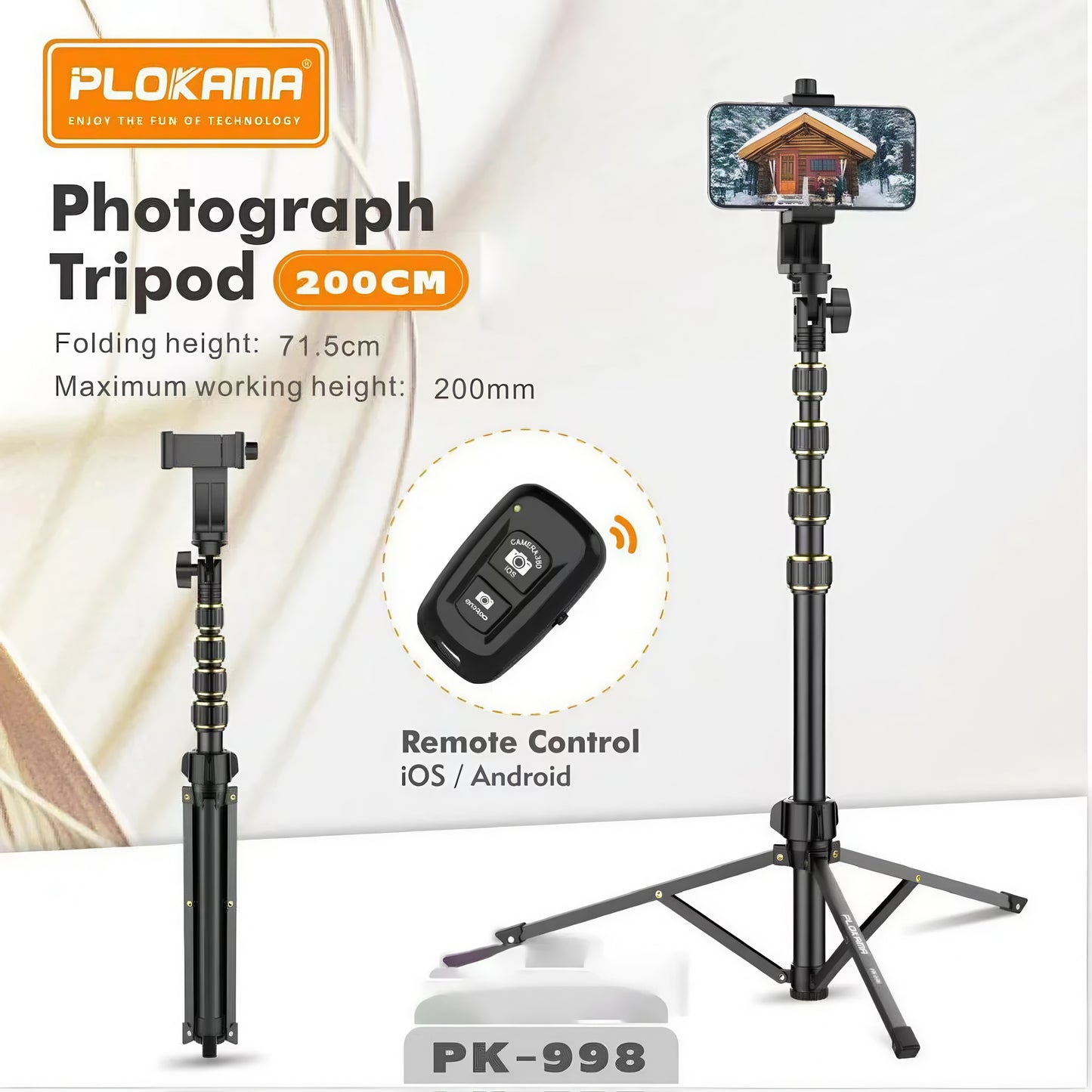 PLOKAMA PK-998 Photograph Tripod Height Adjust Stable and Linshakable Phone 200CM