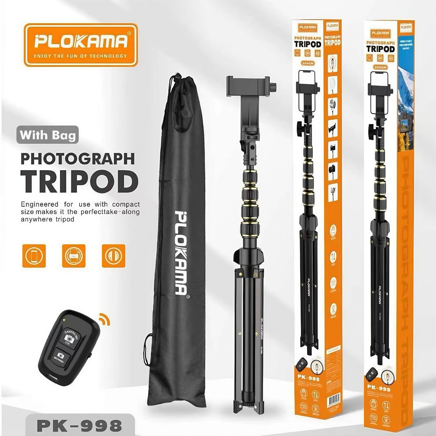 PLOKAMA PK-998 Photograph Tripod Height Adjust Stable and Linshakable Phone 200CM