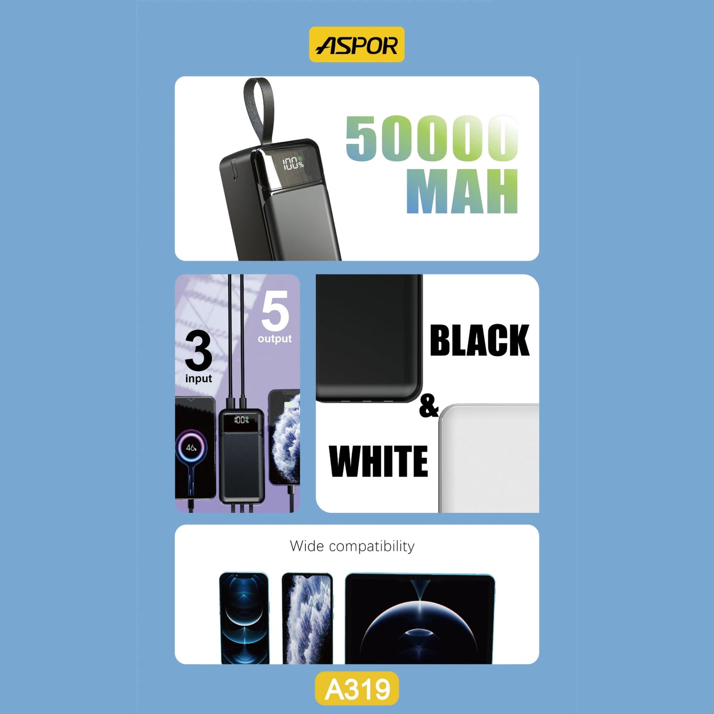 Aspor A319 22.5W 50000mAh Fast Charging Power Bank with 3 Cables